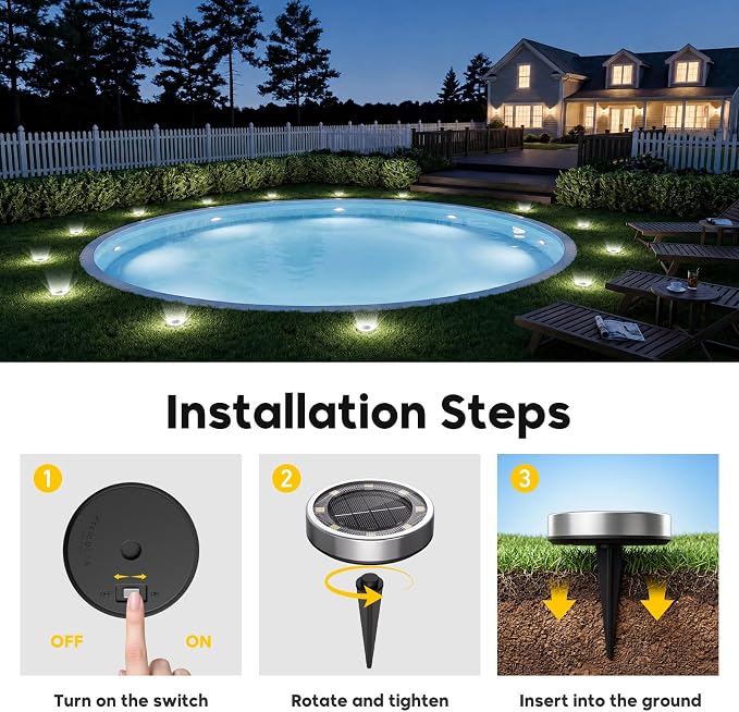 16 Pack Solar Ground Lights Outdoor, 8 LED Mini Flat Solar Disc Lights, IP65 Waterproof Pathway Lights Solar Powered, Landscape Lighting for Garden Walkway Driveway Yard Lawn,Cool White
