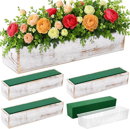 Dandat 4 Set Wood Boxes for Centerpieces 16x4 Inch Rectangle Wooden Planter Box Rustic Wooden Planters with Removable Plastic Liner Floral Foam Blocks for Christmas Wedding Home Garden Decor(White)