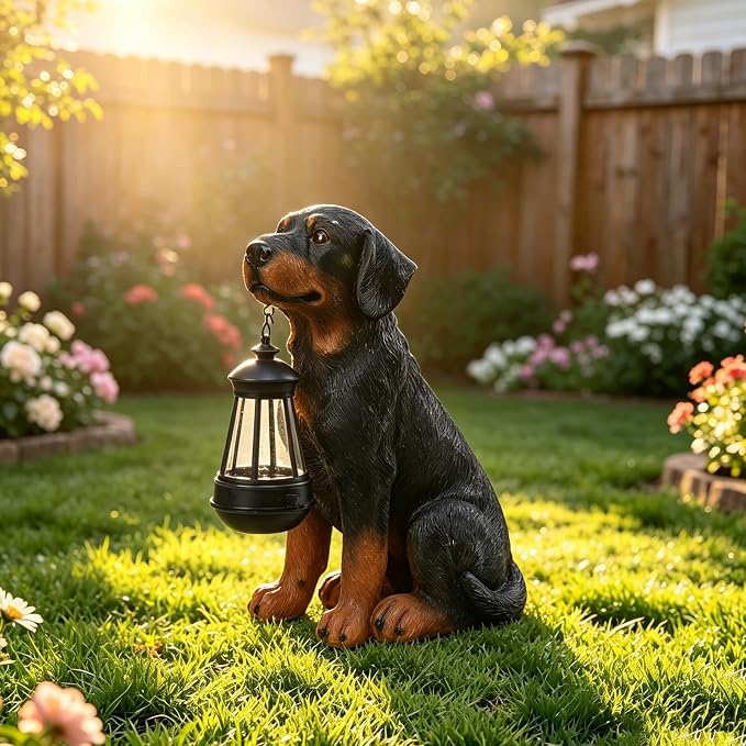 Garden Dog Statues Outdoor Decor, 13" Solar Powered LED Lights Outdoor Statue Garden Decorations Rottweiler Figurine for Patio, Lawn, Yard Decor, Housewarming Garden