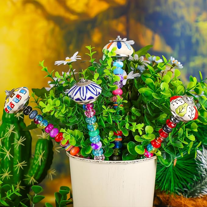 Tigeen 236 Pcs Garden Stake DIY Fairy Wand Plant Stake with 12 Colorful Crystal Stopper Top 12 Threaded Rod with 200 Large Hole Bead for Spring Summer Holiday Outdoor Decorations(Mushroom and Pumpkin)