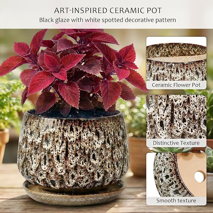 7.5 Inch Ceramic Planter with Saucer,Modern Garden Pots with Drainage Hole Mesh Net, for Indoor Outdoor Use(Speckle White)