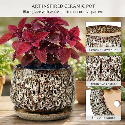 7.5 Inch Ceramic Planter with Saucer,Modern Garden Pots with Drainage Hole Mesh Net, for Indoor Outdoor Use(Speckle White)