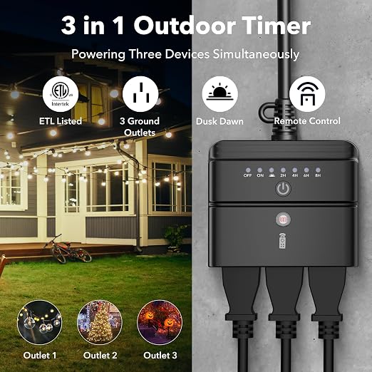BN-LINK Outdoor Timer for Lights, Remote Control Outdoor Timer Outlet with Dusk to Dawn Sensor, 2/4/6/8 Hour Countdown, 100 ft RF Range, 6-Inch Grounded Cord, 15A 1/2HP, ETL Listed