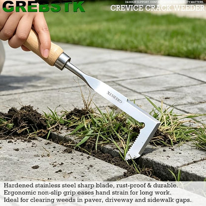 GREBSTK Crack Weeder Crevice Weeding Stainless Steel Sharp Lightweight Tool | Razor-Sharp Rust-Resistant L-Shaped Blade, Solid Beech Wood Non-Slip Handle, for Patio Cracks, Driveway Gaps, Walkway Edging