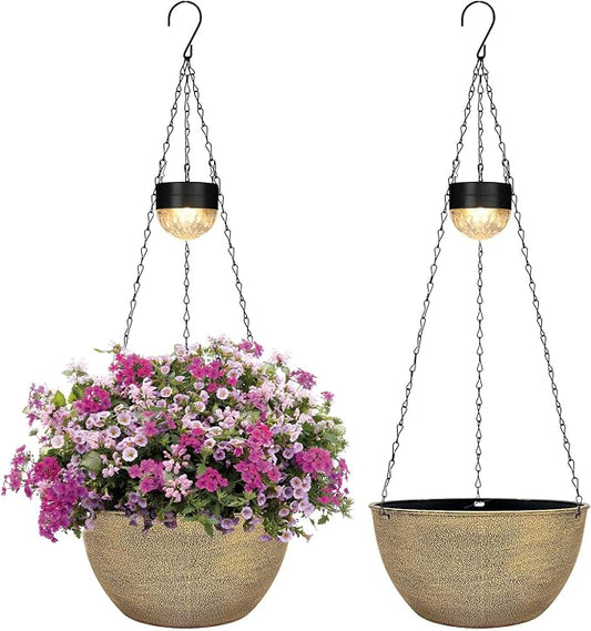 BAYN 2 Packs Solar Hanging Basket Planters for Plants Outdoor | Self Watering, Copper Flower Pots with Solar Light , Hanging Planters with Drainer for Balcony Patio Garden Decoration