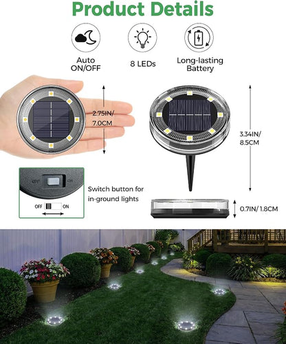 LOTMOS 10 Pack Solar Ground Lights Outdoor, 8 LED Solar Flat Lights IP68 Waterproof Disc Light, Landscape Lighting Solar Powered for Garden Yard Path Driveway Lawn Patio Walkway, Cool White