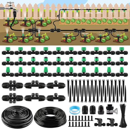 Kalolary 133FT Quick-Connect Drip Irrigation System Kit, Automatic Garden Watering System with 1/4" & 1/2" Tubing,Push-to-Fit Fittings & Adjustable Drip Emitters for Raised Garden Beds Greenhouse Lawn