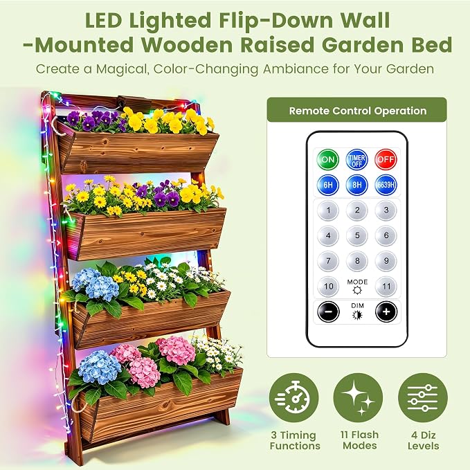 4-Tier Wall Planter with Colorful LED Lights and Timer | 51-Inch Vertical Raised Garden Bed with Tilt-Out Boxes& Drainage Holes for Vegetables Herbs Flowers Patio