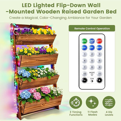 4-Tier Wooden Garden Raised Bed with 11-Mode LED Lights and Timer | 51"H Vertical Wall-Leaning Planter with Tilt-Out Boxes& Drainage Holes for Vegetables Herbs Flowers Patio