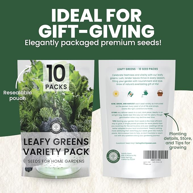 Leafy Greens Seeds | 10 Individual Packs | 2026 Season | Non-GMO | Lettuce, Kale, Spinach, Arugula & More! | for Planting Indoor & Outdoor | by Family Sown