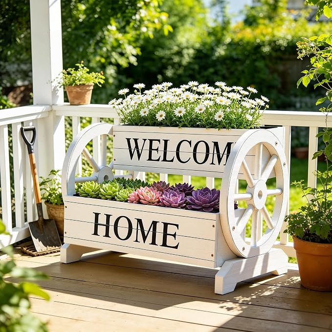 24" White Extra Large 2-Tier Wooden Wagon Planter Box | Whitewashed wood flower cart with drainage holes, liner, wagon wheels, and WELCOME HOME detail for porch and patio decor