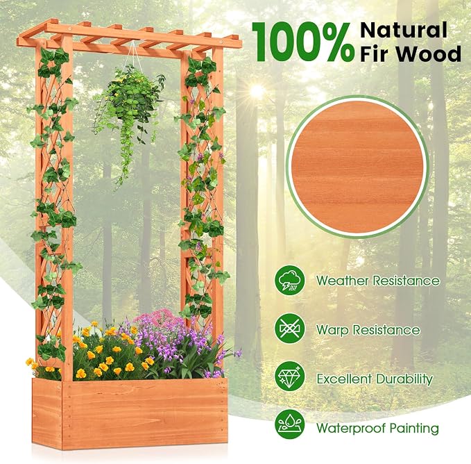 HAPPYGRILL Raised Garden Bed with Trellis, 2 Pack Wood Elevated Garden Bed with Hanging Roof, Planter Box, Drainage Holes for Climbing Plants, Flowers, Vegetables, 31" L x 14" W x 60" H