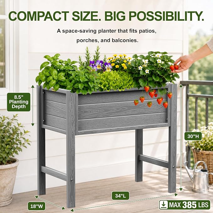 YEFU 34" Small Garden Planter, Wood-Look HIPS Compact Planter Box, Grey | Small Garden Planter for Balconies, Patios & Porches, Wood-Look HIPS, 30" Height, Drainage, 385 lbs Support for Herbs