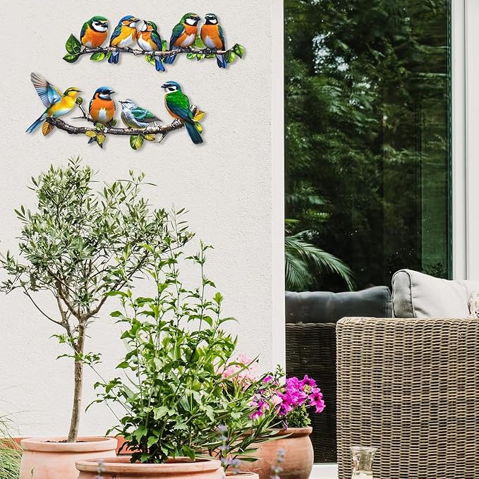 Metal Bird Outdoor Wall Art Decor - Hummingbird Wall Silhouette Art, Bird on Branch Wall Sculpture Hanging Indoor Outdoor for Your Yard, Garden and Patio (2 Pack)