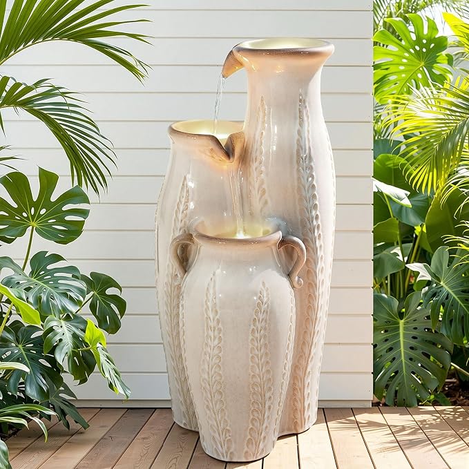 29.5" H Ceramic Outdoor Water Fountain with LED Lights, 3-Tier Vase Cascading Water Feature, Beige Glaze with Embossed Leaf Patterns, Tranquil Waterfall for Garden, Patio, Yard, or Porch