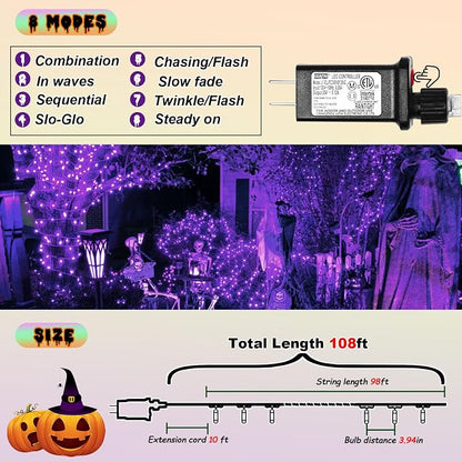 300 Led Purple Outdoor String Lights, 108 Ft Halloween Decor with 8 Modes, Waterproof Plug in Fairy Lights for Bedroom Yard Wedding Room Decor