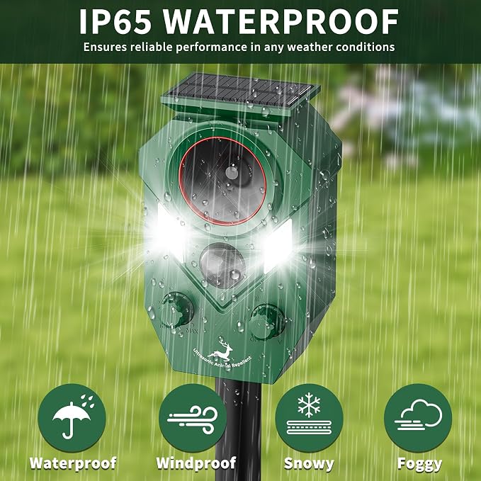 Solar Deer Repellent Devices Outdoor - Ultrasonic Animal Repellent with Motion Sensor & Strobe Lights, 4 Pack Waterproof Cat Repellent Outdoor, Repels Raccoon, Coyote for Garden & Lawn