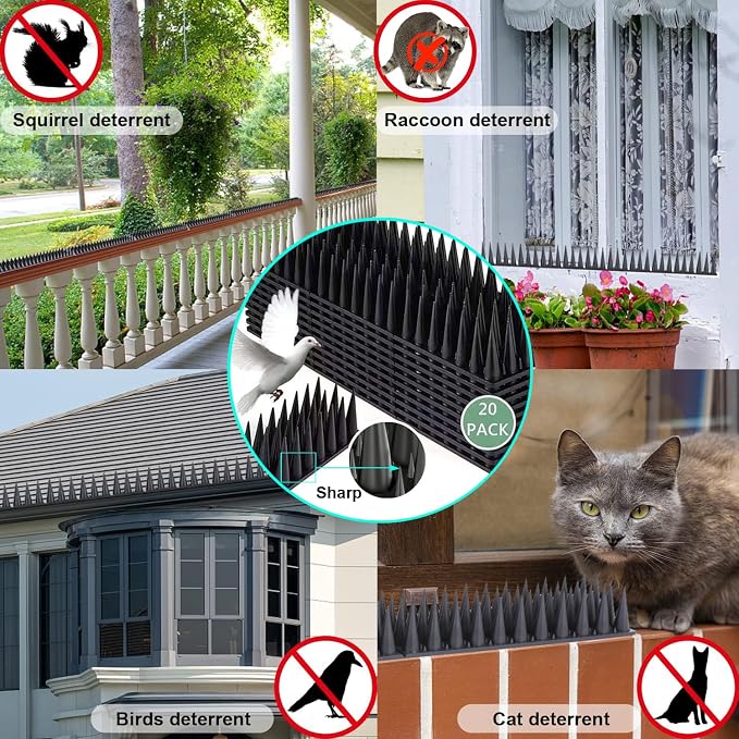 Bird Spikes, 20 Pack Outdoor Cat Squirrel Raccoon Pigeon Cat Animal Deterrent Spikes for Outside Anti Bird Defender Spikes Outdoor to Keep Birds Away (18.7 feet/5.7M)