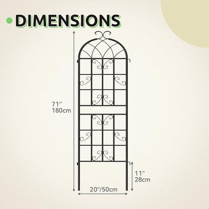 4-Pack 71" Black Metal Garden Trellises with Butterfly Design | Set of 4 black metal trellises with butterfly arch tops, scrollwork, spiked legs, and support for roses, vines, or veggies