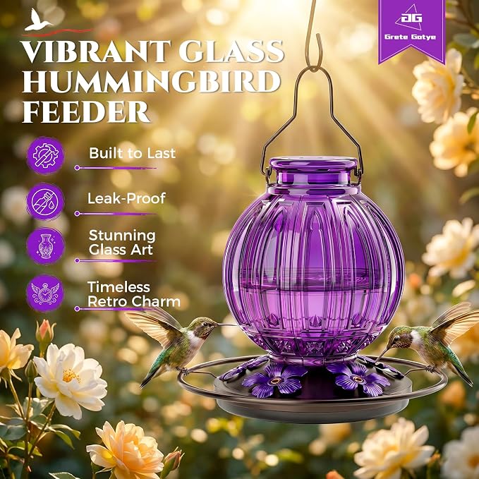 2 Pack Glass Hummingbird Feeder for Outdoors Hanging, Bird Nectar Feeder with Perch & 5 Flower Feeding Ports, 26 Oz Leak Proof for Outside Garden Decor Backyard, Gifts for Women Mom, Purple