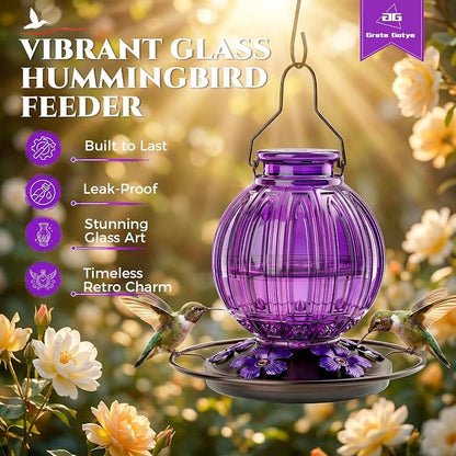 2 Pack Glass Hummingbird Feeder for Outdoors Hanging, Bird Nectar Feeder with Perch & 5 Flower Feeding Ports, 26 Oz Leak Proof for Outside Garden Decor Backyard, Gifts for Women Mom, Purple