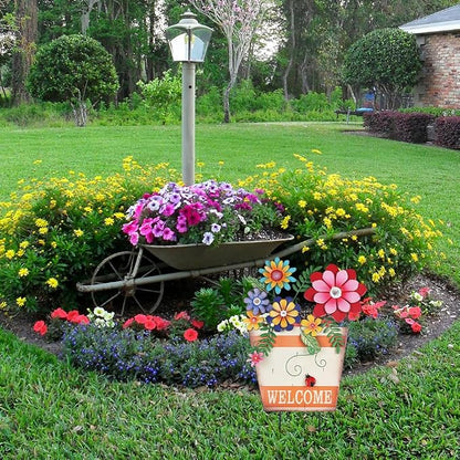hogardeck Garden Decor for Outside, Metal Flower Pot Decorative Garden Stakes with Flowers for Spring Decor, Yard Art Welcome Sign for Outdoor Garden Lawn Backyard Porch Patio Decorations