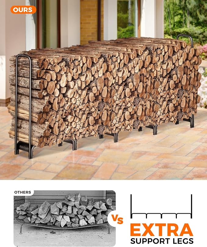 Firewood Rack, 8ft Heavy Duty Fire Wood Storage Racks for Indoor Outdoor, Metal Log Holders for Firewood, Fireplace Wood Pile Storage Stacker Organizer, Black