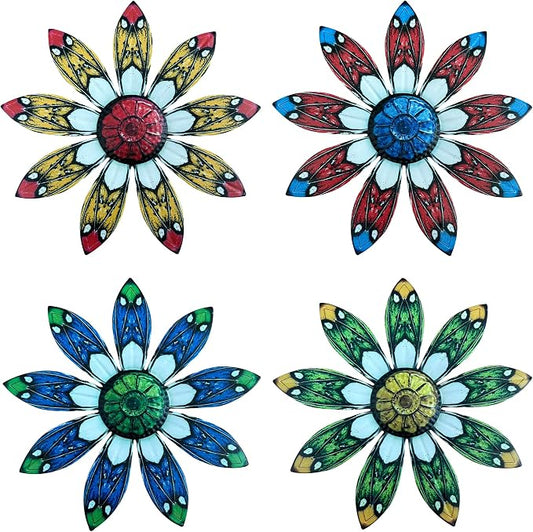 LWINGFLYER 4 Pcs Vintage Metal Wall Decor Butterfly & Flower - Rustic Farmhouse Metal Wall Art for Indoor Bathroom & Outdoor Fence Decoration (Flowers)