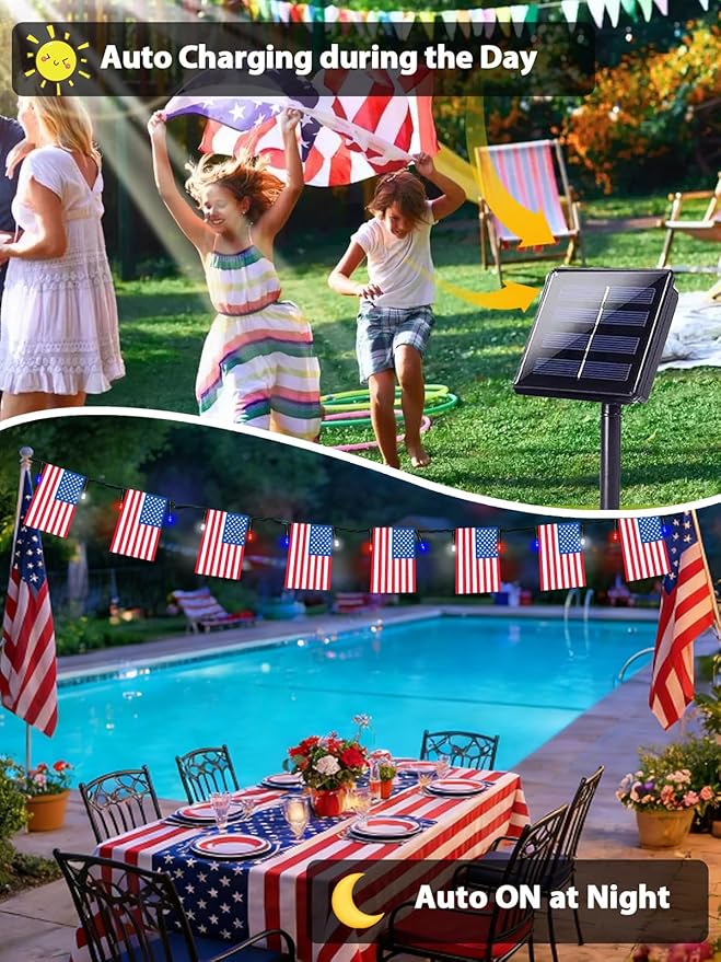 4th of July Decorations 2 Pack 100 LED Solar American Flag Lights Outdoor | 50 USA Flags, 8 Modes, Memory Function, Auto On/Off, 37.6FT Waterproof String Lights for 250th Anniversary Patriotic Decor