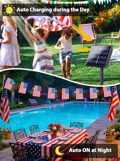 4th of July Decorations 2 Pack 100 LED Solar American Flag Lights Outdoor | 50 USA Flags, 8 Modes, Memory Function, Auto On/Off, 37.6FT Waterproof String Lights for 250th Anniversary Patriotic Decor