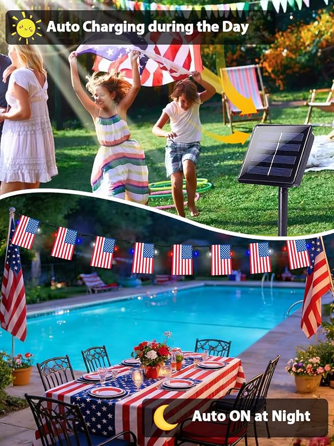 4th of July Decorations 50 LED Solar American Flag String Lights Outdoor | 25 USA Flags, 8 Modes, Memory Function, Auto On/Off, 18.8FT Waterproof Twinkle Lights for 250th Anniversary Patriotic Decor