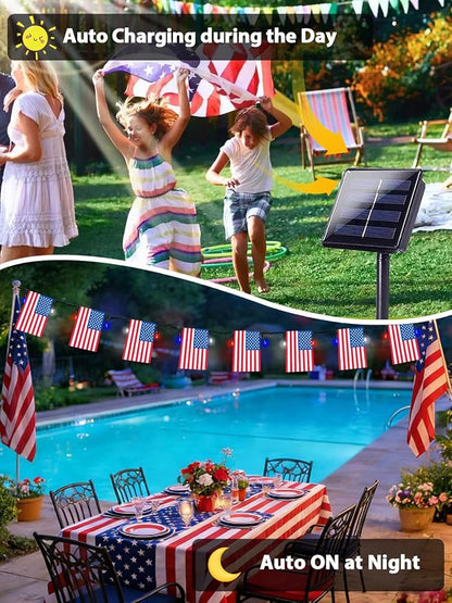 4th of July Decorations 50 LED Solar American Flag String Lights Outdoor | 25 USA Flags, 8 Modes, Memory Function, Auto On/Off, 18.8FT Waterproof Twinkle Lights for 250th Anniversary Patriotic Decor