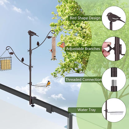 YINGYM Deck Bird Feeder Pole Porch Multi-Hooks Hanging Kit for Outside with Two Adjustable Branches, Water Bowl, Bird Feeder Planter Hanger