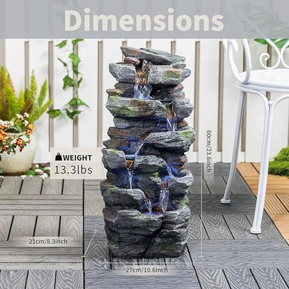 Rock Waterfall Outdoor Fountain with LED Lights, Tiered Resin Garden Water Fountain with Pump, Cascading Stone Look Water Feature for Patio Lawn Backyard Porch Decor