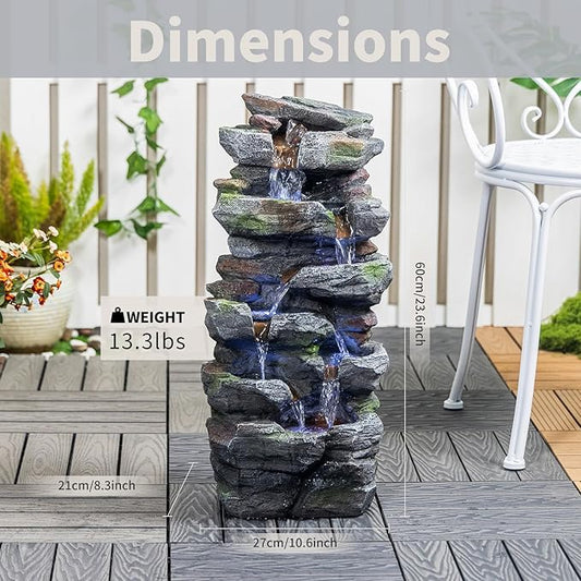 Rock Waterfall Outdoor Fountain with LED Lights, Tiered Resin Garden Water Fountain with Pump, Cascading Stone Look Water Feature for Patio Lawn Backyard Porch Decor