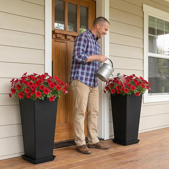 FENCY Set of 2 Tall Planters for Outdoor Plants, Black | 24 Inch Plant Pots with Drainage Hole & Trays, Plastic Tapered Flower Pots for Plants, Weather-Resistant