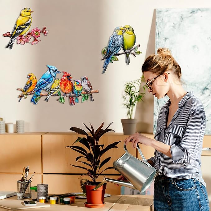 YOADEHOA Metal Wall Art Decor Birds on Branch, 3D Colorful Bird Outdoor Hanging Wall Art Patio Fence Decorations, Hummingbird Wall Sculptures for Indoor Outdoor Garden (Birds C)
