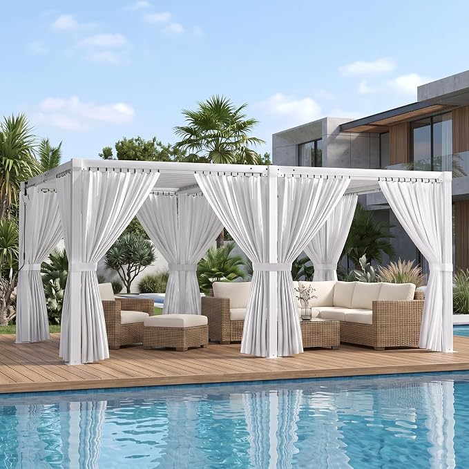 Louvered Pergola 12' x 16' with Waterproof Curtains, Outdoor Aluminum Pergola with Reinforced Steel Roof, Heavy-Duty Hardtop Gazebo, Privacy Shaded Shelter, White