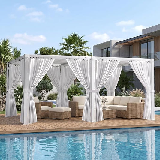 Louvered Pergola 12' x 16' with Waterproof Curtains, Outdoor Aluminum Pergola with Reinforced Steel Roof, Heavy-Duty Hardtop Gazebo, Privacy Shaded Shelter, White
