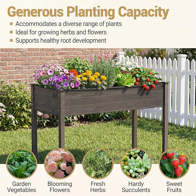 S AFSTAR Raised Garden Bed, Elevated Wooden Planter Box, 47”L x 24”W x 30”H, Outdoor Gardening Planting Bed for Vegetables, Flowers & Herbs Grow, Great for Backyard, Patio, Lawn (Gray)