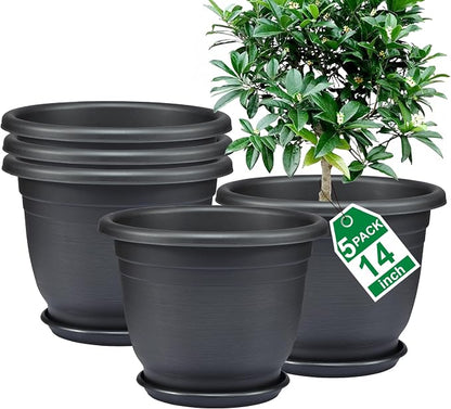 5 Packs 14 inch Flower Pots + Saucer, Planters for Indoor & Outdoor Plants with Drainage Holes | Plastic Flower Pots, Large Planter (Black, 14 inch)
