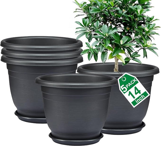 5 Packs 14 inch Flower Pots + Saucer, Planters for Indoor & Outdoor Plants with Drainage Holes | Plastic Flower Pots, Large Planter (Black, 14 inch)