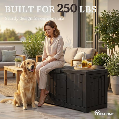 YITAHOME 60 Gallon Outdoor Storage Box | Waterproof Resin Deck Box with Slide-Locking Lid, Patio Storage Bin and Bench Seat for Patio Furniture, Garden Tools and Pool