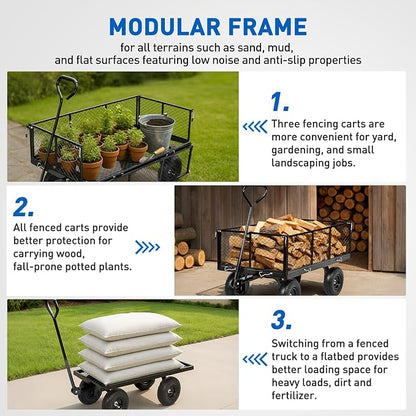 Yesker Steel Garden Carts - 1100lbs Dump Wagon with All Terrain Inflatable Wheels for Yard Lawn Farms Gardening - Heavy Duty Utility Outdoor Hauling Wheelbarrow