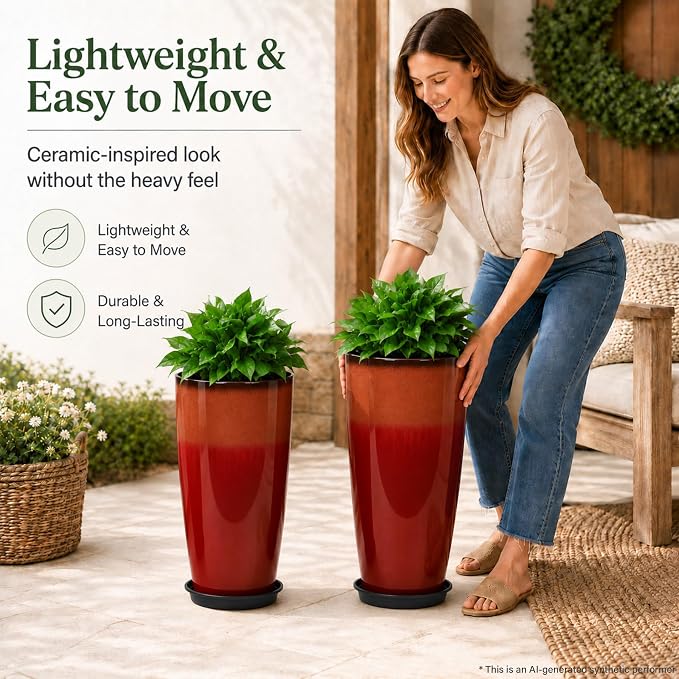 Neoaider Set of 2 Tall Planter, 21 inch Large Plastic Planter, Firey Red | Ceramic-Look, Lightweight, Built-in Drain Hole, Saucers, Tall Outdoor Planter for Porch, Garden, Patio, Balcony