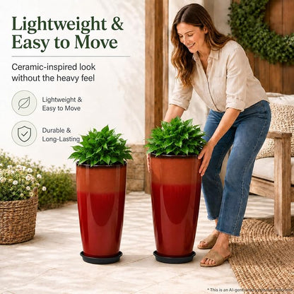 Neoaider Set of 2 Tall Planter, 21 inch Large Plastic Planter, Firey Red | Ceramic-Look, Lightweight, Built-in Drain Hole, Saucers, Tall Outdoor Planter for Porch, Garden, Patio, Balcony