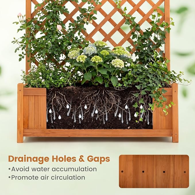 HAPPYGRILL Raised Garden Bed with Trellis, 71" Planter Raised Bed with Drainage Holes, Freestanding Garden Planter for Vine Climbing Plants, Wooden Planter Box for Yard Balcony(1, Yellow)