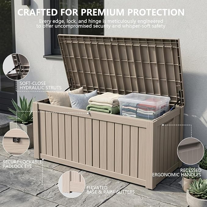 Outdoor Storage Box, 150 Gallon Waterproof Deck Box [Upgraded 3.1], Large Resin Storage with Hydraulic Gas Lifts for Cushions, Heavy Duty Lockable Bench Seat, Backyard Party, Grey
