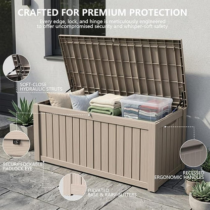 Outdoor Storage Box, 150 Gallon Waterproof Deck Box [Upgraded 3.1], Large Resin Storage with Hydraulic Gas Lifts for Cushions, Heavy Duty Lockable Bench Seat, Backyard Party, Grey