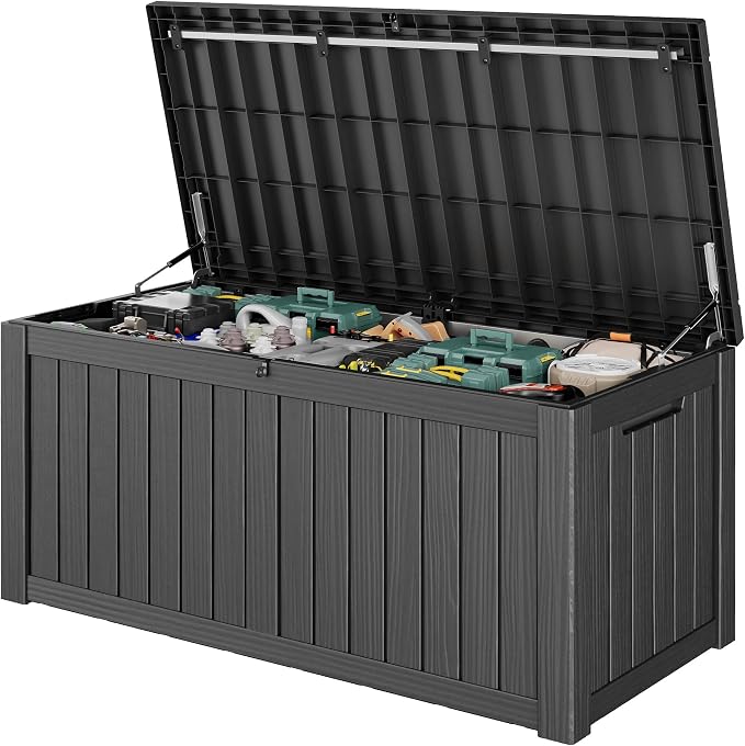 Outdoor Storage Box, 150 Gallon Deck Box with Lockable Lid, Waterproof Resin Storage Bin for Cushions, Garden Tools, Patio Furniture, Black